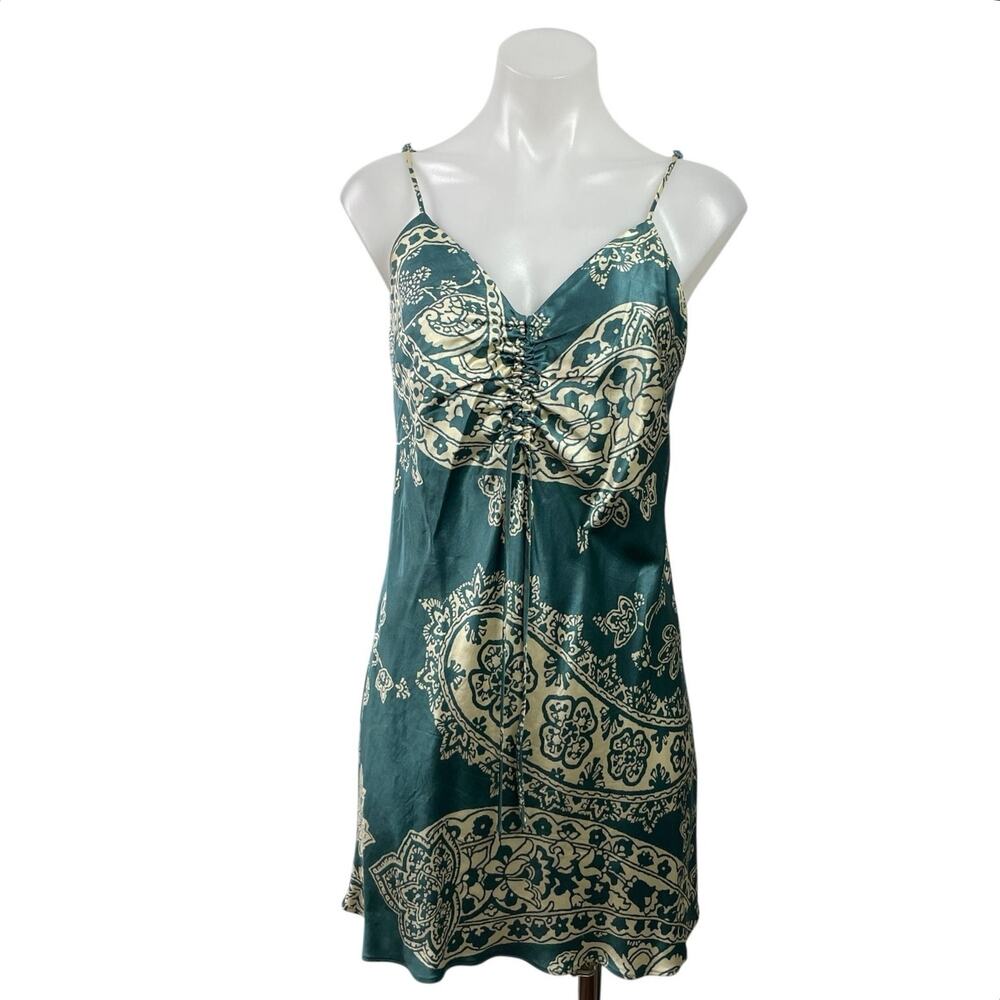 Zara Blue Silk Satin Paisley Sleeveless V Neck Mini A-Line Slip Tank Dress Sz S